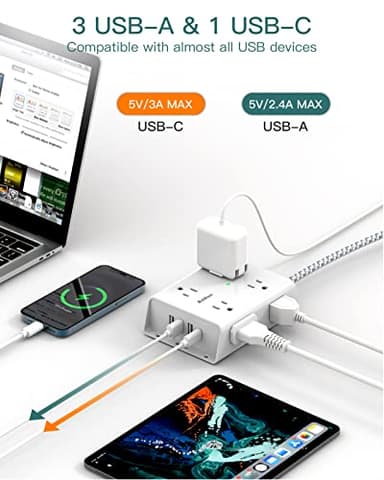 15Ft Long Surge Protector Power Strip, Addtam Extension Cord with 8 AC Outlets and 4 USB Ports(1 USB C), 3-Side Outlet Extender Strip, Flat Plug, Wall Mount, Dorm Home Office Essential, ETL Listed - Image 5