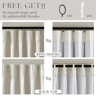 102 Inches Long Pinch Pleated Linen Blackout Curtains for Bedroom Back Tab Track Memory Trained Shape Farmhouse Light Blocking Curtains 102 Inch Length for Living Dining Room Darkening Drapes Cream - Image 6