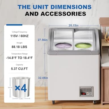 Commercial Ice Cream Freezer 5.5 Cu.Ft Display Case Commercial Freezer with 4 Tubs and 2 Sliding Glass Door for Shop, White - Image 2