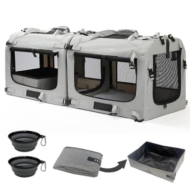 Petseek Extra Large Cat Carrier Soft Sided, Portable Small Dog Carrier for 2 Cats, 24"x16.5"x16" Car Travel Folding Comfortable Design with Litter Box and Bowls, Grey-2+ Litter Box+ Bowl*2 - Image 1