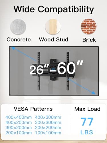 Pipishell Full Motion TV Wall Mount for Most 26-60 inch Flat & Curved TVs up to 77 lbs, Adjustable Bracket Height, Single Articulating Arm, Extension, Max VESA 400x400mm, PIMF9 - Image 2
