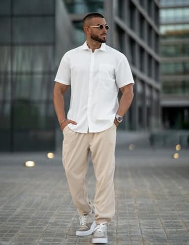COOFANDY Mens Casual Dress Shirt Short Sleeve Business Attire Regular Fit Polyester Wrinkle Free Button Down Shirts with Pocket White Large - Image 3