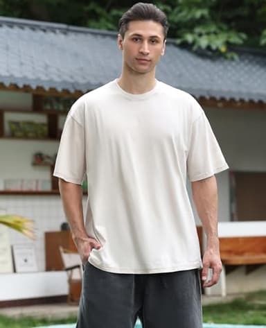 3 Pcs Oversized Heavy Cotton Summer T-Shirts Vintage Unisex Short Sleeves Casual Loose Basic Tops(A-Orange+Beige+Black L) - Image 4