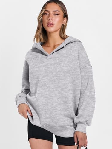 ANRABESS Womens Oversized Hoodies V Neck Sweatshirts Fleece Long Sleeve Pullover Y2K Clothes 2025 Fall Trendy Outfits Light Gray L - Image 8