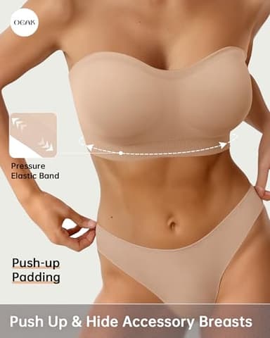 OEAK Strapless Bras for Women Wireless Bandeau Bra Non Slip Push Up Tube Top Seamless Bras Comfortable Padded Bralette Nude S - Image 3
