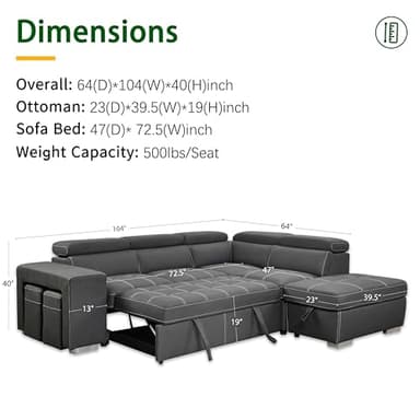 THSUPER 104'' Microfiber L Shaped Sectional Sleeper Sofa Couch with Pull Out Bed and Storage Ottoman, Convertible Couches with Adjustable Headrest for Living Room, Right Facing Chaise. Charcoal Grey - Image 2