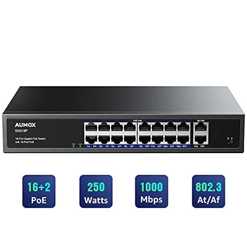 Aumox 18-Port Ethernet Gigabit PoE Switch, 16-Port PoE with 2 Uplink Gigabit Ports, 250W Built-in Power, Metal Casing and 19-inch Rackmount, Traffic Optimization, Plug and Play, Unmanaged(SG518P) - Image 1