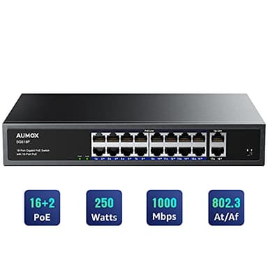 Aumox 18-Port Ethernet Gigabit PoE Switch, 16-Port PoE with 2 Uplink Gigabit Ports, 250W Built-in Power, Metal Casing and 19-inch Rackmount, Traffic Optimization, Plug and Play, Unmanaged(SG518P) - Image 1