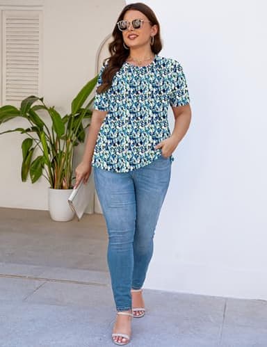 Kistore Women's Plus Size Short Sleeve Crew Neck Pleated Shirts Relaxed Fit Cute Summer Floral Tops Blouses Blue 5XL - Image 5