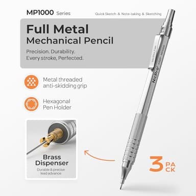 Nicpro 0.9 mm Metal Mechanical Pencil Set with Case, with 3PCS MP1000 0.9mm Drafting Pencil, 8 Tubes HB Lead Refills, 3PCS Eraser, Erasers Refills for Artist Writing, Drawing, Sketching, Silver - Image 4