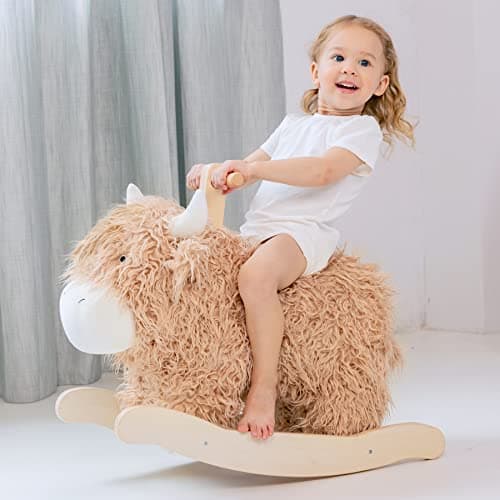Baby Rocking Horse for 1 Year Old,Wooden Cow/Yak Horse Rocking with Wicker Plush Wooden Ride On Toy for 2 Years Old Girl&Boy Nursery Birthday Gift - Image 1