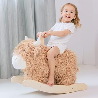 Baby Rocking Horse for 1 Year Old,Wooden Cow/Yak Horse Rocking with Wicker Plush Wooden Ride On Toy for 2 Years Old Girl&Boy Nursery Birthday Gift - Image 1