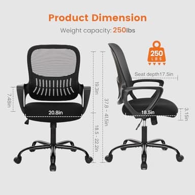Sweetcrispy Home Office Computer Desk Chair, Ergonomic Managerial Executive Mid-Back Mesh Rolling Work Swivel Chairs with Wheels, Comfortable Lumbar Support, Comfy Arms for Bedroom, Study, Student - Image 2