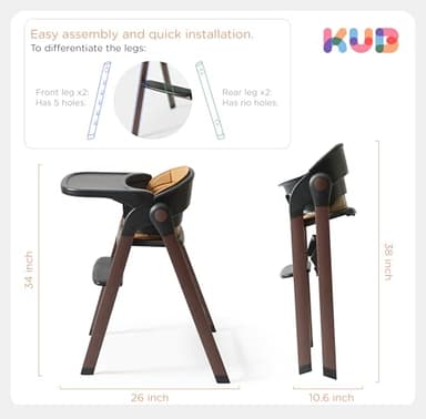 KUB High Chair for Babies and Toddlers Adjustable Foldable Convertible 5 Point Harness Easy Clean Wood-Printed Metal with Removable Tray Baby Highchair for Family (Black&Walnut Wood-Printed Metal) - Image 7
