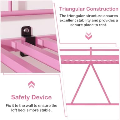 VECELO Loft Bed Twin Size, Metal Bedframe with Removable Ladder and Safety Guardrail, No Box Spring Needed, Space Saving, Noise Free, Pink - Image 5