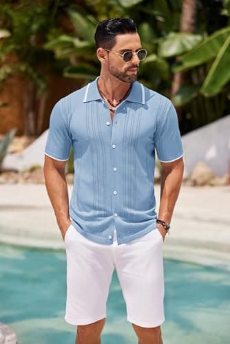 COOFANDY Men's Short Sleeve Knit Shirts Vintage Button Down Polo Casual Beach Shirt Clear Blue - Image 6