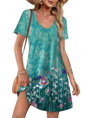 OFEEFAN Beach Vacation Clothes for Women Summer Dresses for Women 2025 Loose V Neck Swimsuit Coverup T Shirt Dress Sundresses with Pockets Floral 08 L - Image 1