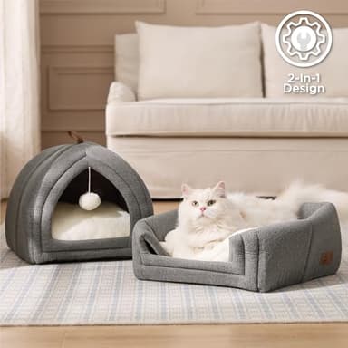 Bedsure Cat Beds for Indoor - 2 in 1 Cat Cave House Tent for Kittens and Small Pets with Removable Washable Cushioned Pillow, Foldable Kitten Hideaway with Non-Slip Bottom, Grey, 17.3 inches - Image 3