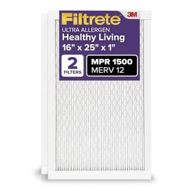 Filtrete 16x25x1 AC Furnace Air Filter, MERV 12, MPR 1500, CERTIFIED asthma & allergy friendly, 3 Month Pleated 1-Inch Electrostatic Air Cleaning Filter, 2-Pack (Actual Size 15.69 x 24.69 x 0.78 in) - Image 1