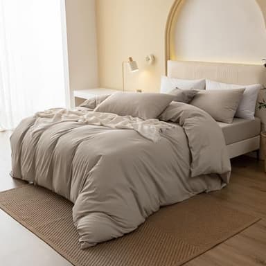 JIYUAN 100% Washed Cotton Duvet Cover Set 3 Pieces Queen, 1 Duvet Cover 90x90 Inches(Comforter Not Included) and 2 Pillowcases,Linen Feel Bedding Set Comfy and Breathable, Heathered Tannish Linen Grey - Image 3