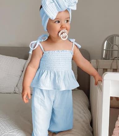 VISGOGO Infant Baby Toddler Girls Clothes Solid Color Sleeveless Camisole Linen Pants Set Baby Summer Outfits (Blue, 12-18 Months) - Image 2