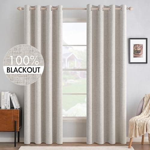 MIULEE 100% Blackout Linen Textured Curtains for Bedroom Solid Thermal Insulated Ivory Grommet Room Darkening Curtains & Drapes Luxury Decor for Living Room Nursery 52 x 96 Inch (2 Panels) - Image 1