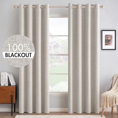 MIULEE 100% Blackout Linen Textured Curtains for Bedroom Solid Thermal Insulated Ivory Grommet Room Darkening Curtains & Drapes Luxury Decor for Living Room Nursery 52 x 96 Inch (2 Panels) - Image 1