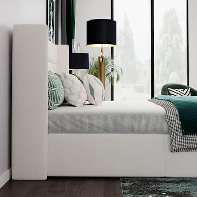 SHA CERLIN Queen Size Lift Up Storage Bed/Velvet Upholstered/Modern Wingback Headboard/Upholstered Platform Bed Frame/Hydraulic Storage/No Box Spring Needed/White - Image 7