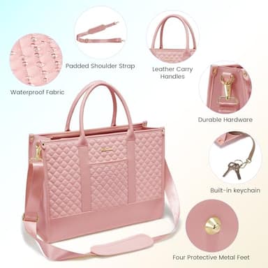 LOVEVOOK Laptop Bags for Women, 17 inch Waterproof Work Tote Bag with Clutch, Professional Teacher Computer Purse Lightweight Shoulder Bag Travel, Quilted Pink - Image 6