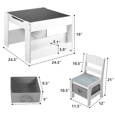 Kinder King Kids Wood Table & 2 Chairs Set, 4 in 1 Children Activity Table w/Double Bookcase, Blackboard, Toddler Furniture Set for Art, Crafts, Drawing, Reading, Playroom, Grey - Image 9