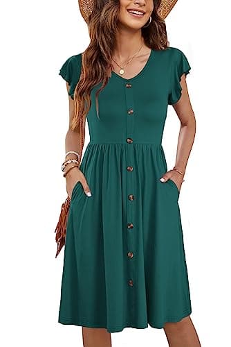 WNEEDU Women Summer Dresses Sleeveless Casual Loose Swing Button Down Midi Dress with Pockets(Dark Green,L) - Image 1