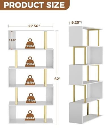 Gadroad 5 Tier Geometric Bookcase,S Shaped Bookshelf, Wood Decorative Storage Shelving, Modern Freestanding Display Shelves, Tall Book Shelf Unit for Living Room Bedroom, Gold - Image 3