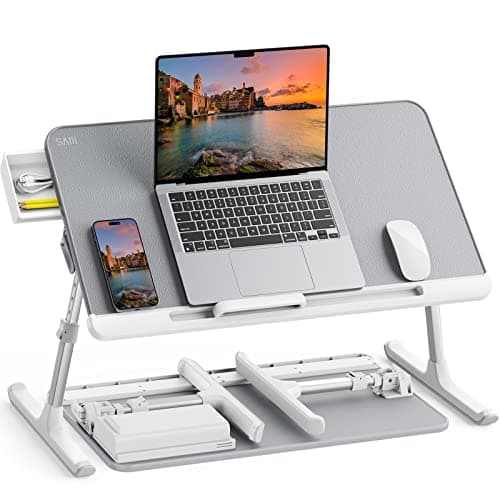 SAIJI Laptop Bed Tray Table, Adjustable PVC Leather Laptop Bed Table, Portable Standing Desk with Storage Drawer, Foldable Lap Tablet Table for Sofa Couch Floor (Gray) - Image 1