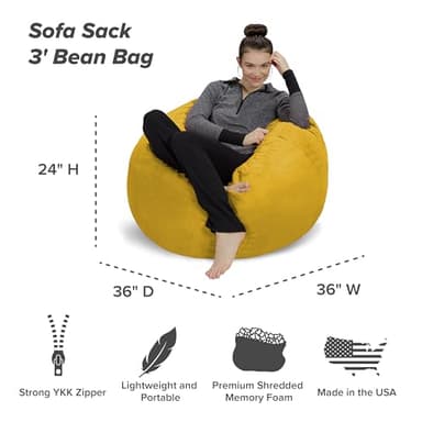 Sofa Sack Bean Bag Chair - Plush, Ultra Soft - Memory Foam Bean Bag Chair with Microsuede Cover - Stuffed Foam Filled Furniture and Accessories for Dorm Room 3 Feet - Lemon - Image 3
