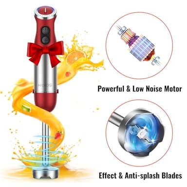 KOIOS 5-in-1 Hand Immersion Blender, 1000W 12 Speed Handheld Blender Stick with Copper Motor Stainless Steel Blade, 600ml Mixing Beaker,500ml Food Processor, Whisk, Milk Frother, Non-BPA, Red - Image 4