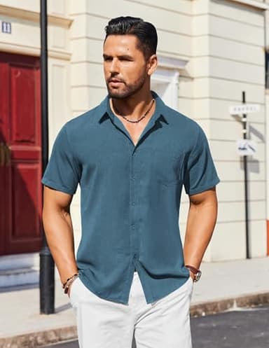 COOFANDY Shirts for Men Linen Shirts Short Sleeve Button Up Business Casual Shirts Summer Shirts Grey Blue - Image 3