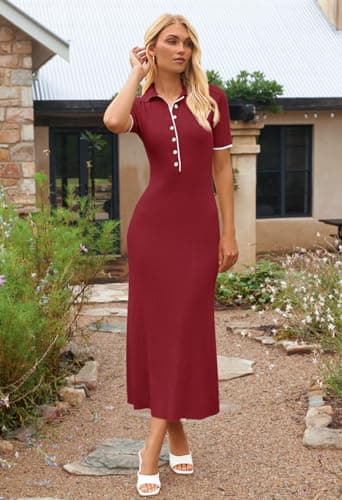 MEROKEETY Women's V Neck Ribbed Knit Maxi Dress Button Short Sleeve Slim Fit Bodycon Sweater Dress, Wine, Medium - Image 6