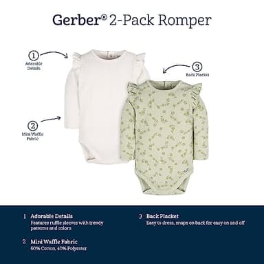 Gerber Baby Girls 2-Pack Long Ruffle Sleeve Onesies, Flower Toss, 3-6 Months - Image 6