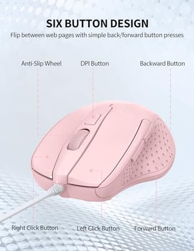 TECKNET Wired Mouse, 6-Button Corded with 4 Adjustable DPI, Optical Ergonomic Design, 5FT Cord for Laptop, Chromebook, PC, Desktop, Mac, Notebook - Pink - Image 7
