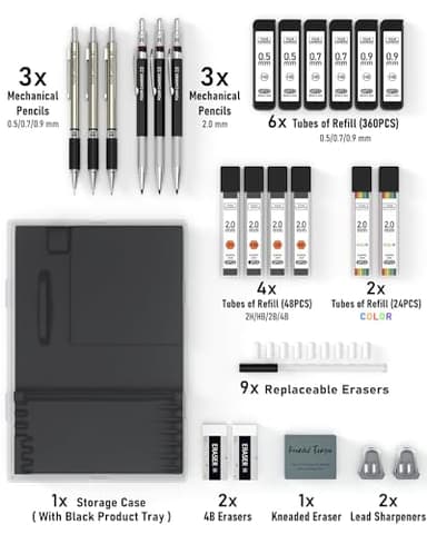 Four Candies 25PCS Art Mechanical Pencil Set with Case, 3PCS Metal Artist Lead Pencil 0.5, 0.7, 0.9 mm & 3PCS 2mm Holder (HB 2H 2B 4B Color) with 432PCS Graphite Lead Refills for Drawing Sketching - Image 5