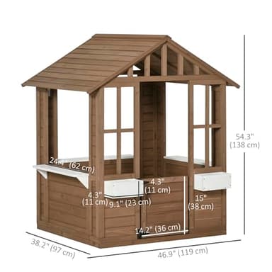 Outsunny Kids Wooden Playhouse, Outdoor Garden Games Cottage, with Working Door, Windows, Flowers Pot Holder, 47" x 38" x 54" - Image 3