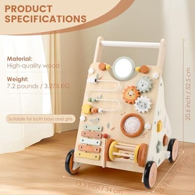 Pithfor Wooden Baby Walker, Baby Push Walker with Activity Center for Girls Boys, Push Walker Toys for Babies Learning to Walk, Sit-to-Stand, for 10-12 Months 1 2 3 Years Old - Image 2