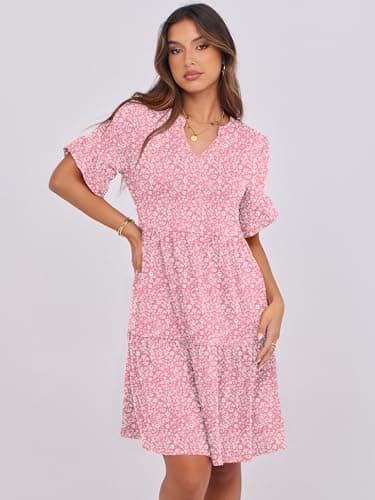 ANRABESS Womens Summer 2025 Trendy Ruffle Short Sleeve V Neck A Line Tiered Flowy Loose Casual Mini Beach Dress with Pockets Pink Floral XX-Large - Image 3