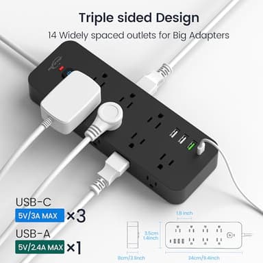 Surge Protector Power Strip with USB Ports, 14 AC Outlets with 4 USB Ports (1 USB C), 5 Feet Cord with Multiple outlets, 1875W/15A, One Touch Switch Button, Wall Mountable for Home, Office-Black - Image 5