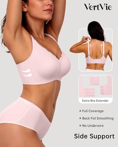 Vertvie Womens Seamless Bras No Underwire Supportive Wireless Push Up Full Coverage Bralette Comfort Scalloped T-Shirt Bra(Pink,XX-Large) - Image 3