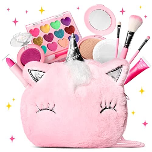 ULOVEME Kids Real Makeup Kit for Girls with Fluffy Purse - Real, Non Toxic, Washable Make Up Toy - Umicorn Toys Gift for 3 4 5 6 7 8 Years Old Girls Birthday (Pink Umicorn) - Image 1