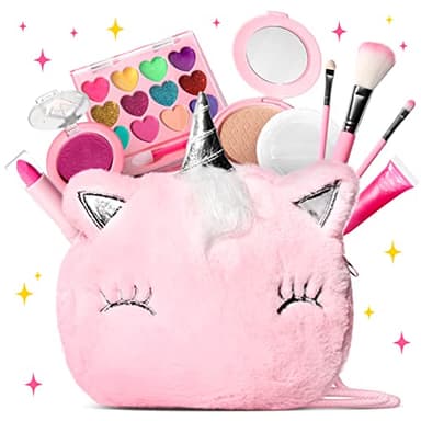 ULOVEME Kids Real Makeup Kit for Girls with Fluffy Purse - Real, Non Toxic, Washable Make Up Toy - Umicorn Toys Gift for 3 4 5 6 7 8 Years Old Girls Birthday (Pink Umicorn) - Image 1