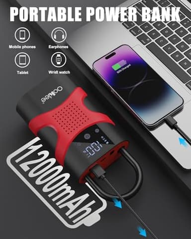 Ooklee Portable Car Jump Starter with Air Compressor 150PSI Tire Inflator Portable Air Compressor,12V 3000A Car Battery Jump Starter Battery Pack with LED Display and Lights, Output and Input Power - Image 4