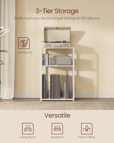 VASAGLE Record Player Stand, 3-Tier Side Table, Vinyl Record Storage up to 100 Albums, End Table for Living Room, Bedroom, Rustic White ULET275W01 - Image 4