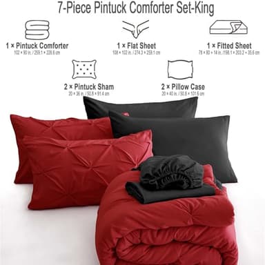 Ubauba 7pc King Size Comforter Set with Sheets, All Season Pintuck 7 Piece Bedding Sets Red and Black, Pinch Pleating Bed in a Bag Set with Comforters (Red and Black,King) - Image 7